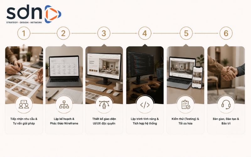 SDN Agency áp dụng 6 bước làm việc chuẩn hóa để đảm bảo tiến độ và chất lượng Quy trình thiết kế website nội thất tại SDN Agency