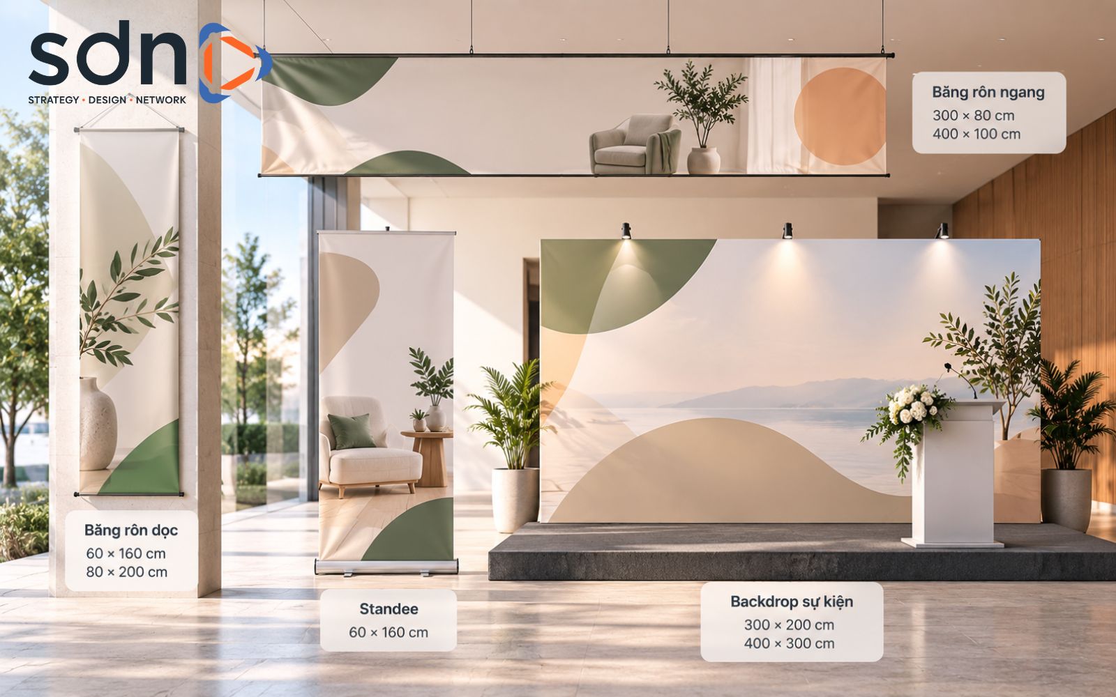 Banner offline cần được thiết kế theo không gian trưng bày, khoảng cách quan sát và hình thức in ấn Kích thước banner offline