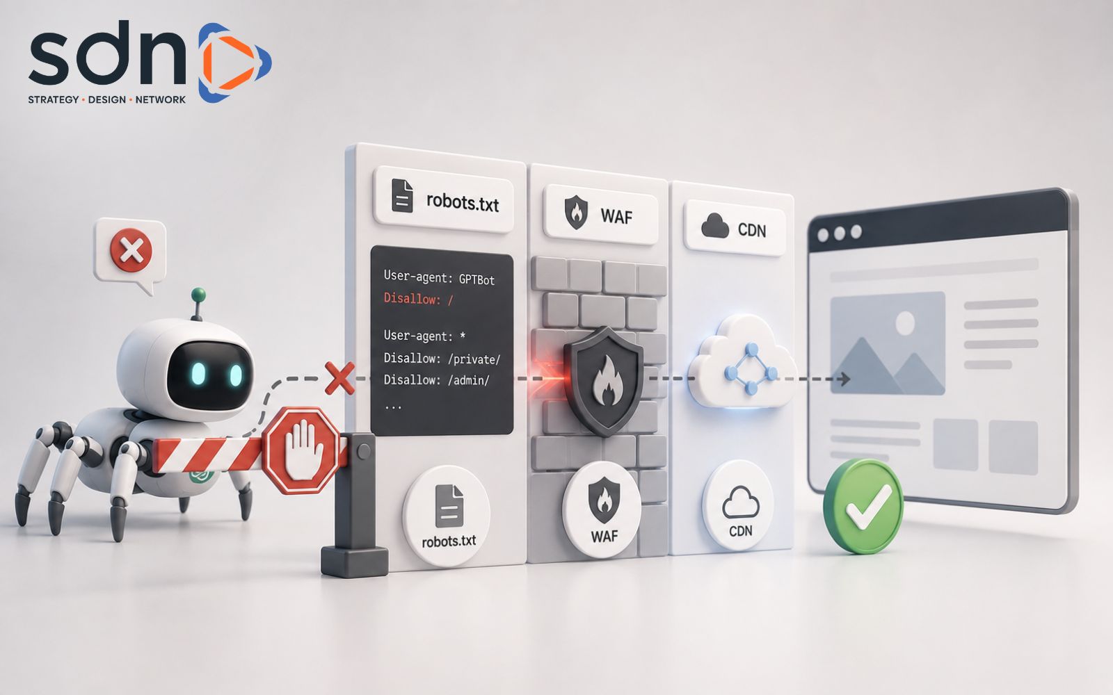 Robots.txt và tường lửa bảo mật là hai nơi dễ vô tình chặn AI Bot nhất Website chặn AI Bot bằng robots.txt, WAF hoặc CDN như thế nào?