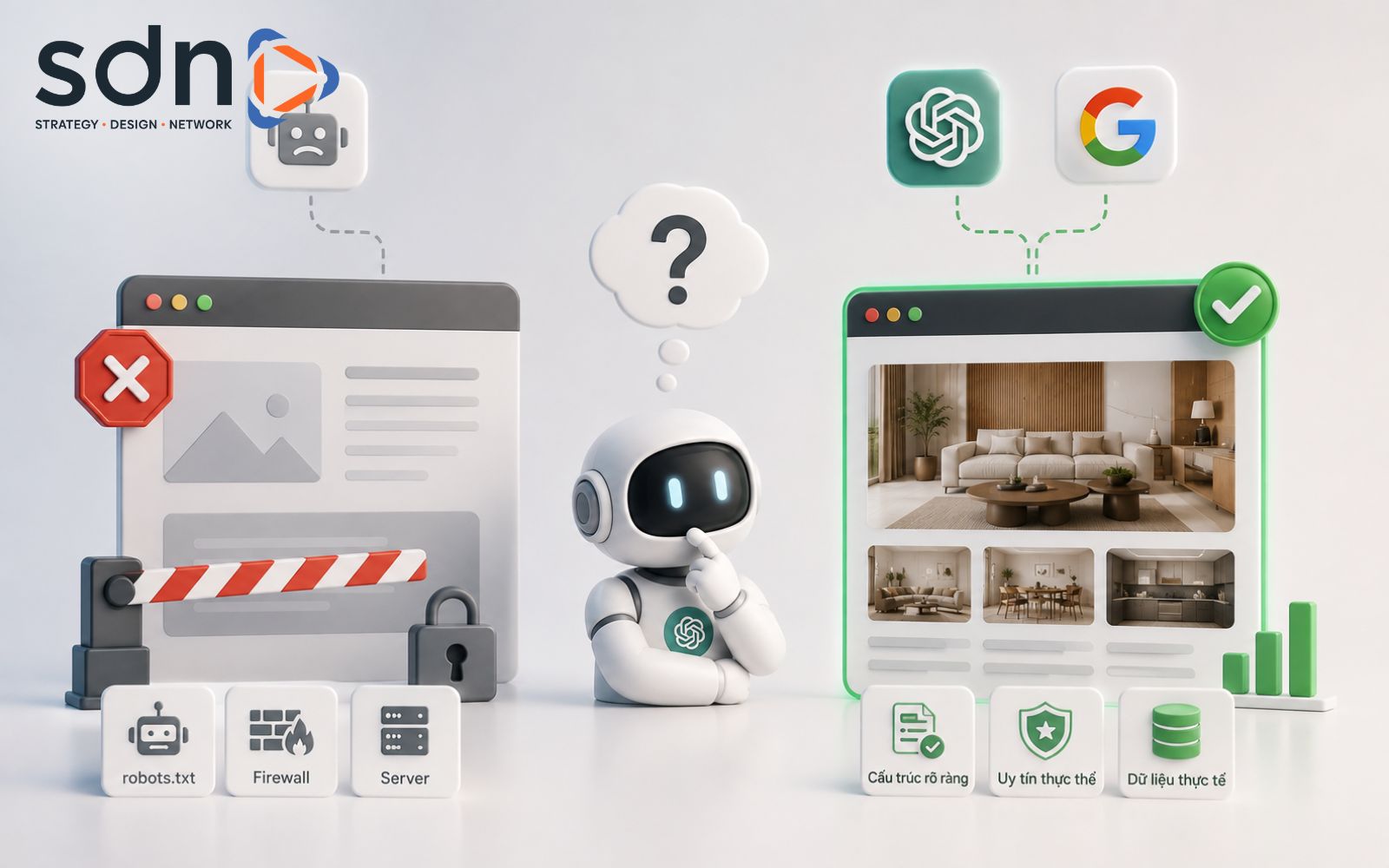 Website vắng bóng trên AI do các rào cản kỹ thuật khiến AI Bot chưa thể quét hoặc content để được trích xuất Website không xuất hiện trên ChatGPT/Google AI có phải đang bị "bỏ qua"?