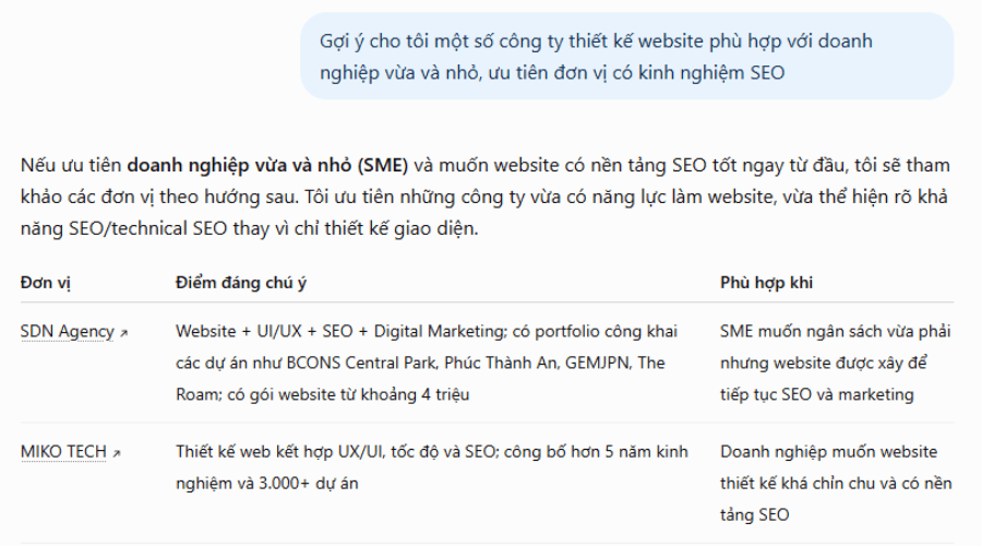 AI Answer gợi ý đơn vị thiết kế website dựa trên nhiều nguồn thông tin
