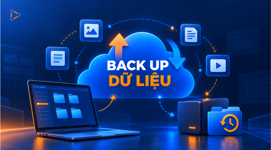 Minh họa sao lưu dữ liệu website lên đám mây với các tệp tin và biểu tượng đồng bộ dữ liệu