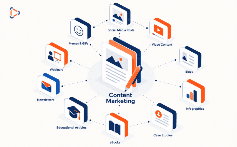 Các loại Content Marketing gồm blog, video, social media, infographic, case study và email