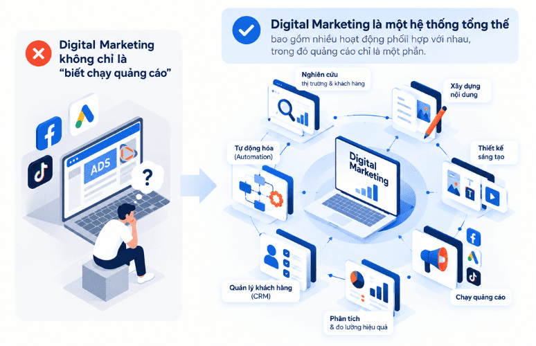 Digital Marketing là hệ thống gồm nghiên cứu, content, creative, quảng cáo, analytics, CRM và automation