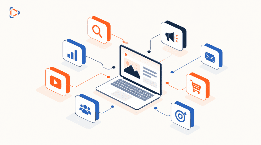 Minh họa Digital Marketing và hệ sinh thái các kênh tiếp thị kỹ thuật số