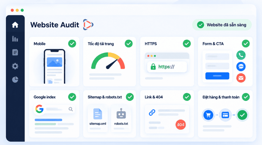Kiểm tra tốc độ, mobile, HTTPS, index, sitemap và các chức năng website trước khi quảng bá